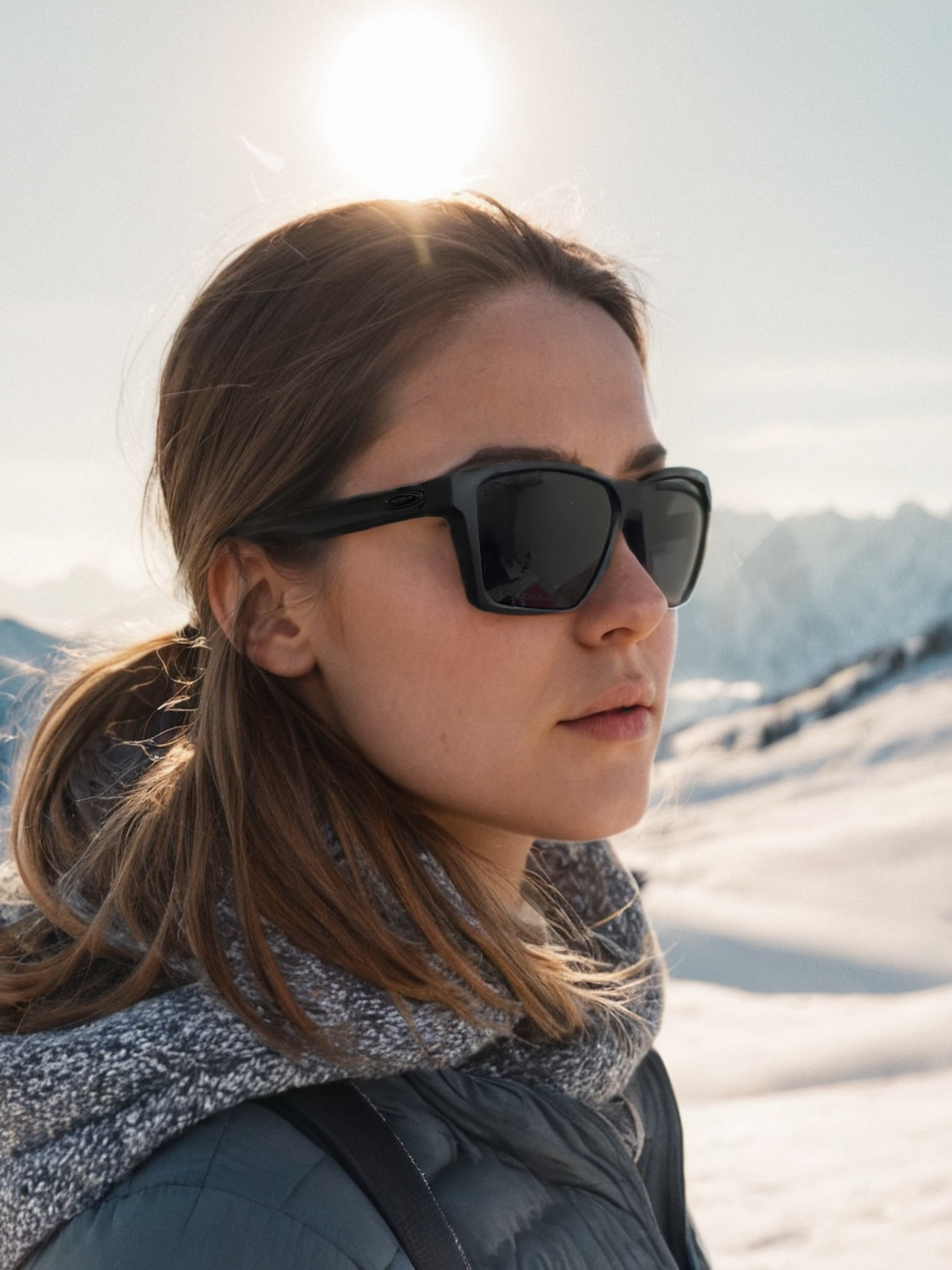 ai generated realistic image of young girl wearing black glasses and snow background